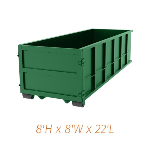 the forty-yard dumpsters are typically 22 feet long, 8 feet wide, and 8 feet tall